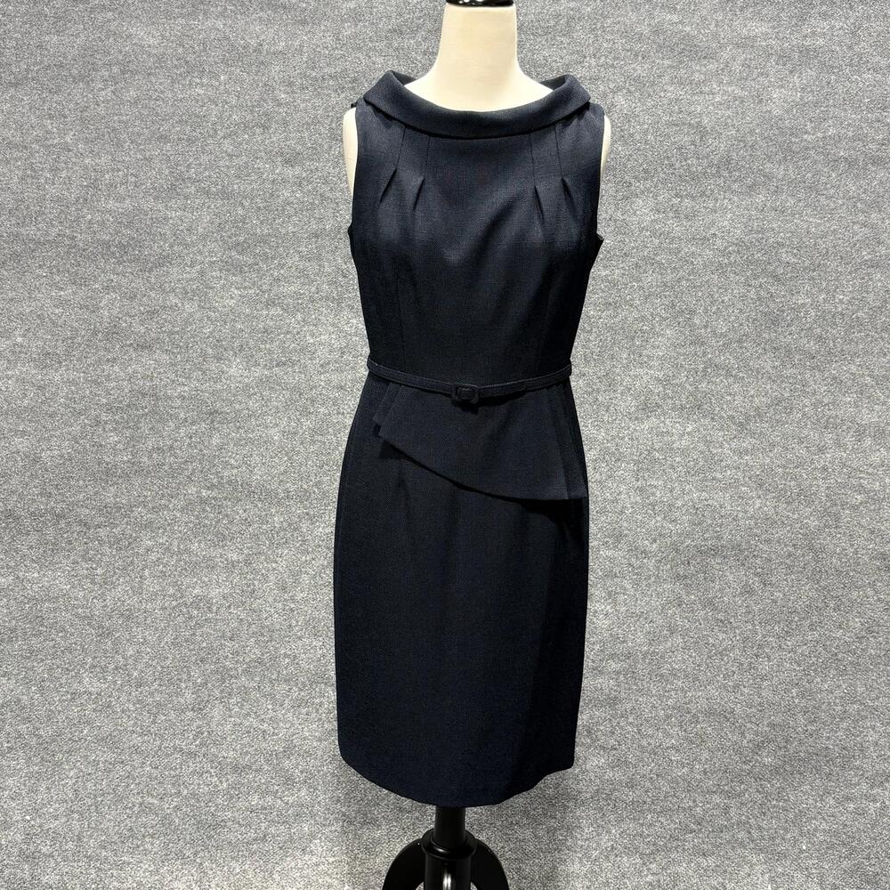David Meister Dress Womens 6 Navy Sleeveless Belted Pleated Sheath Boat Neck